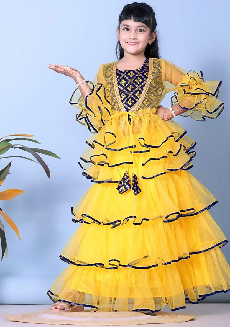 Yellow Embroidered Blended Lehenga Choli For Girls - Indya
