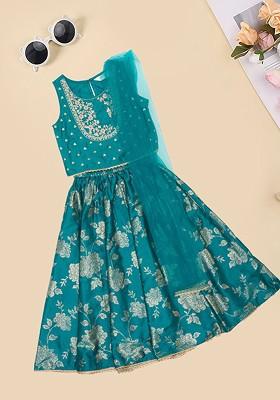 Teal Embroidered Blended Lehenga Choli For Girls