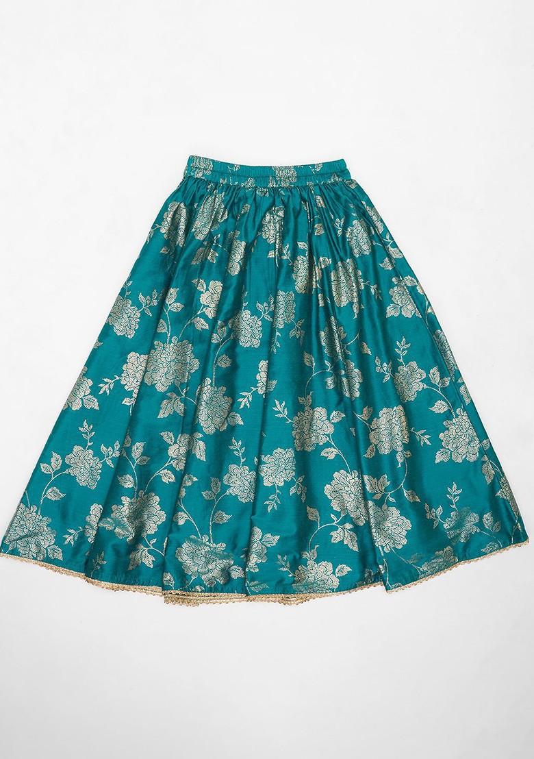 Teal Embroidered Blended Lehenga Choli For Girls - Indya