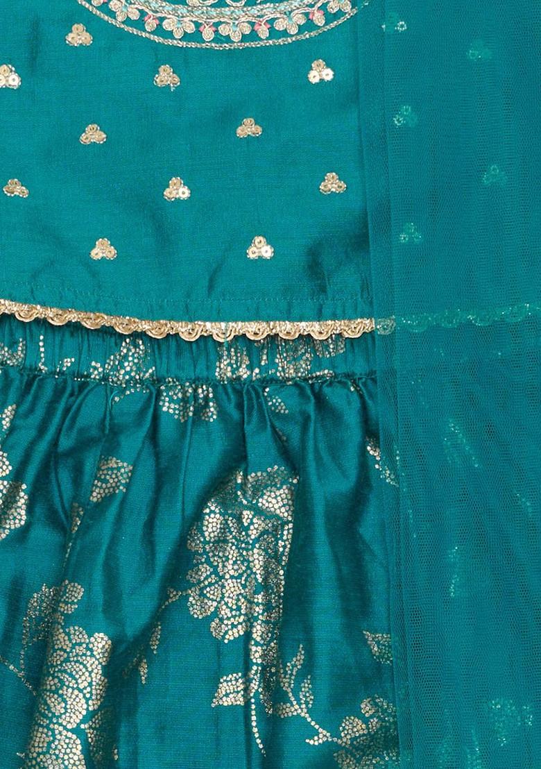 Teal Embroidered Blended Lehenga Choli For Girls - Indya