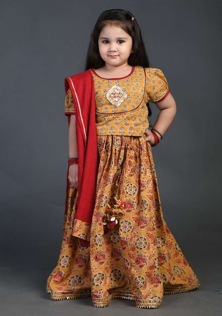 Mustard Embellished Blended Lehenga Choli For Girls - Indya