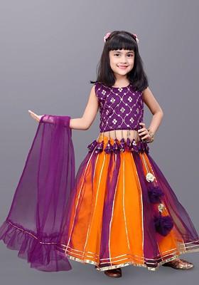 Orange Embroidered Blended Lehenga Choli For Girls