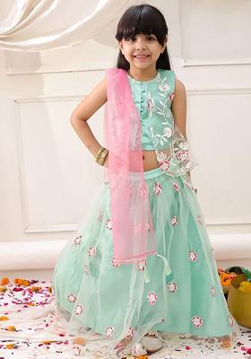 Green Embroidered Net Lehenga Choli For Girls