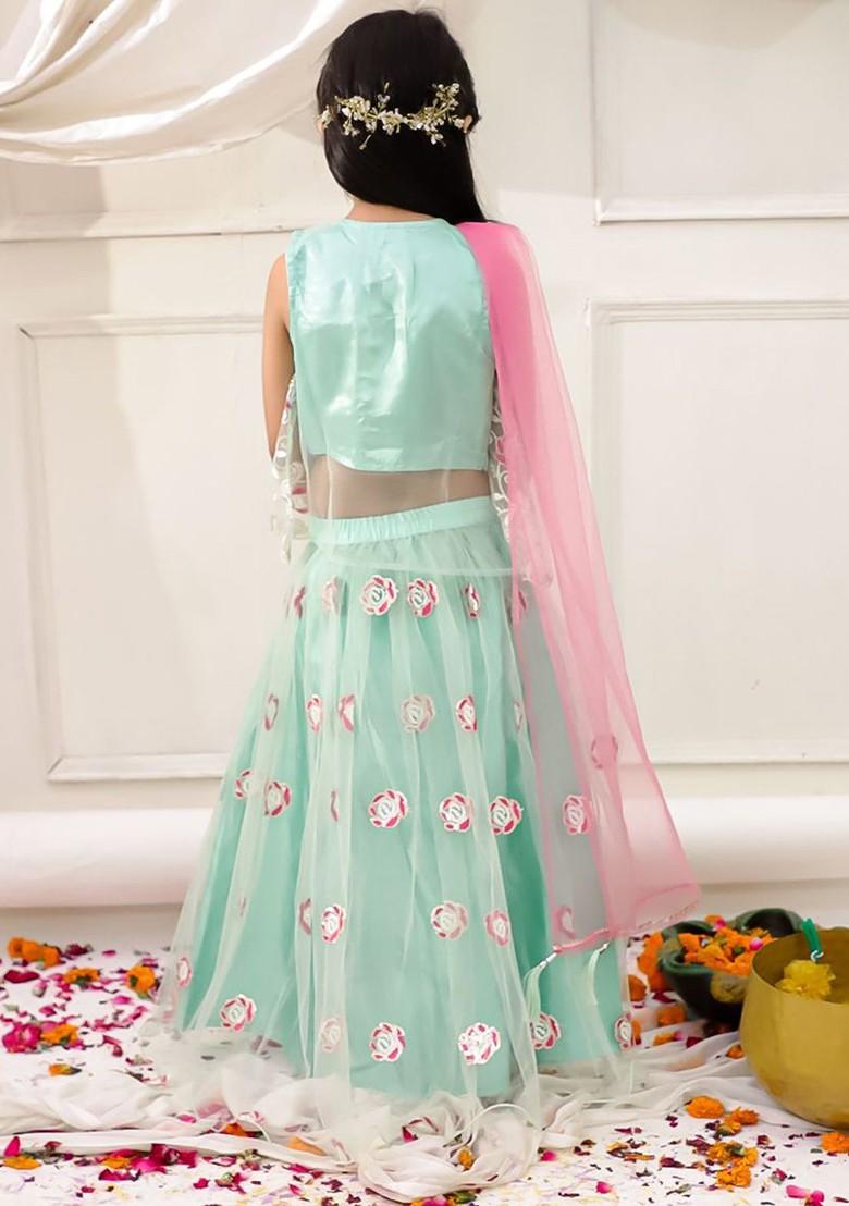 Green Embroidered Net Lehenga Choli For Girls - Indya