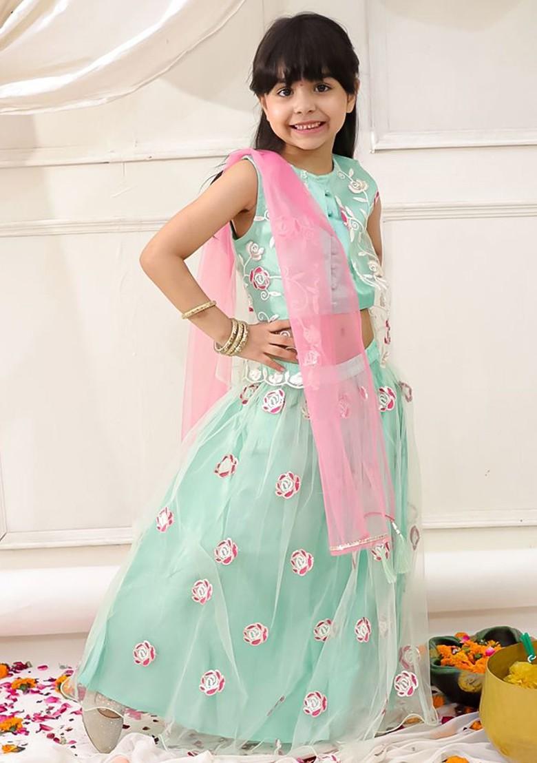 Green Embroidered Net Lehenga Choli For Girls - Indya