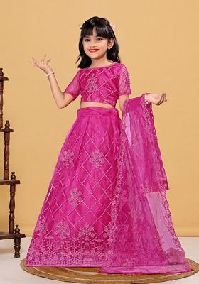 Pink Embellished Blended Lehenga Choli For Girls