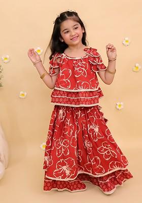 Orange Printed Cotton Blend Lehenga Choli For Girls