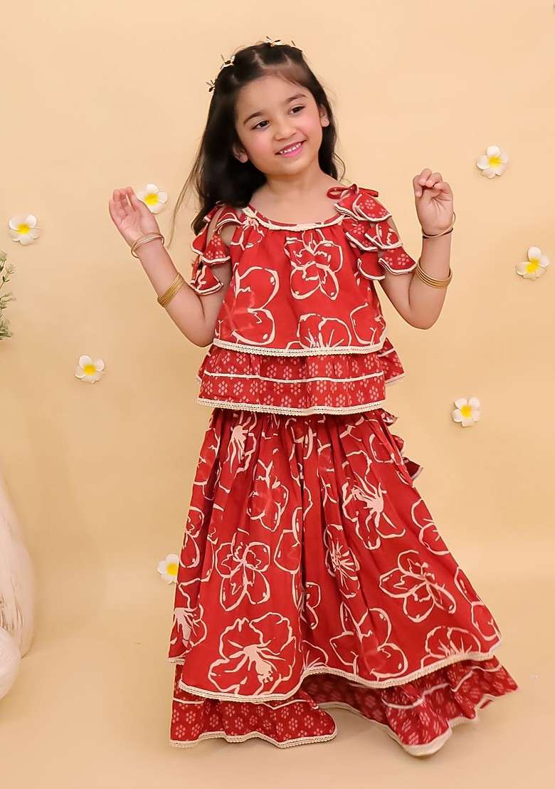 Orange Printed Cotton Blend Lehenga Choli For Girls - Indya