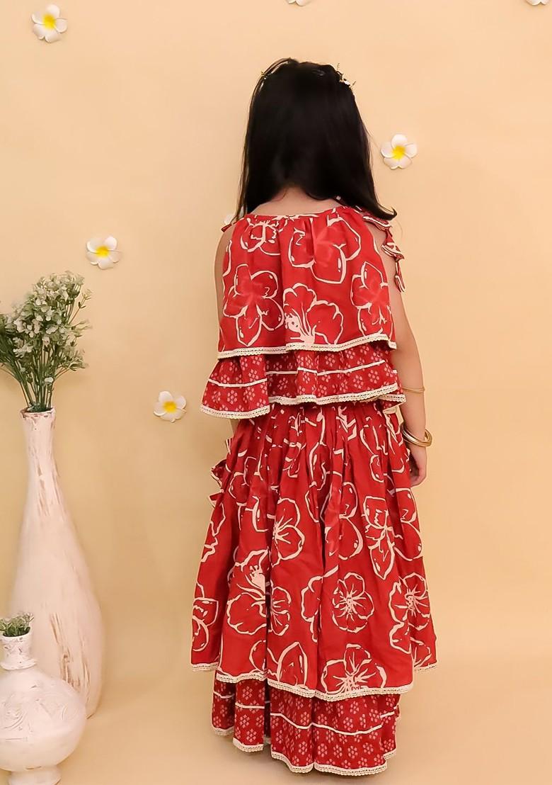Orange Printed Cotton Blend Lehenga Choli For Girls - Indya