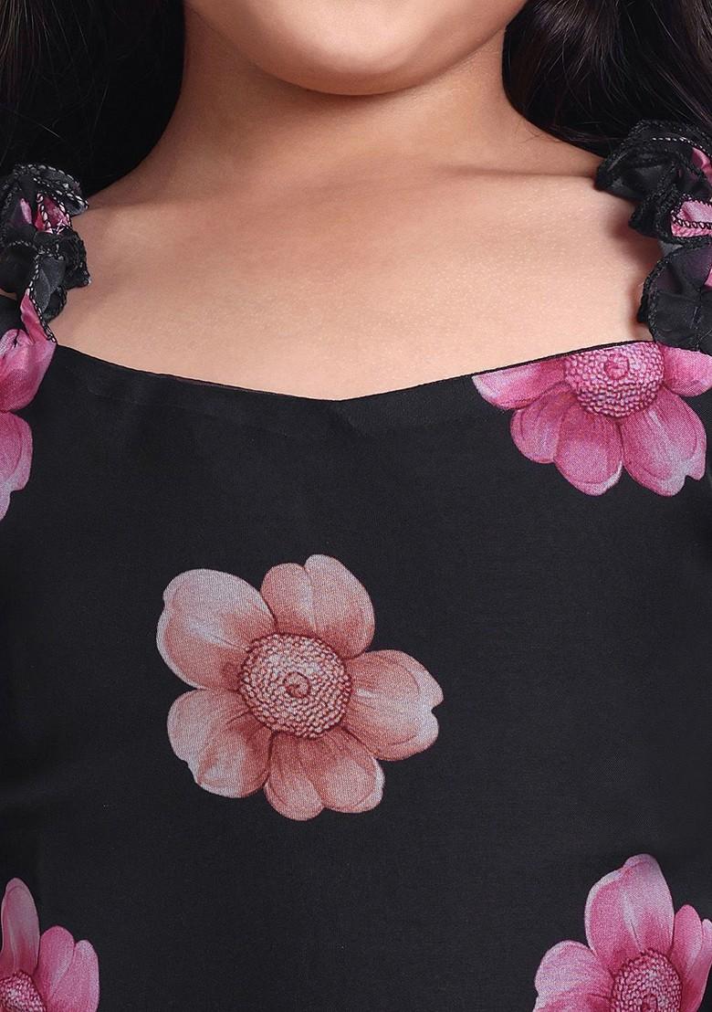 Black Printed Blended Lehenga Choli For Girls - Indya