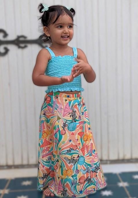 Multicolor Embroidered Cotton Blend Lehenga Choli For Girls