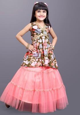 Olive Printed Blended Lehenga Choli For Girls