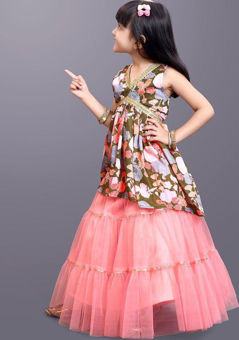 Olive Printed Blended Lehenga Choli For Girls - Indya