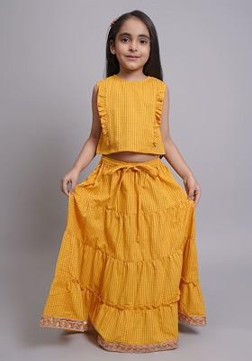 Yellow Printed Blended Lehenga Choli For Girls