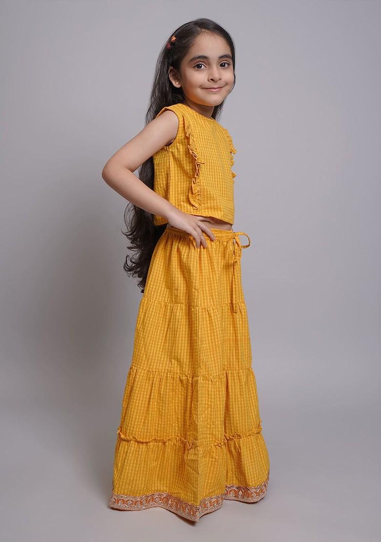 Yellow Printed Blended Lehenga Choli For Girls - Indya