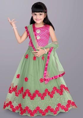 Green Embroidered Blended Lehenga Choli For Girls