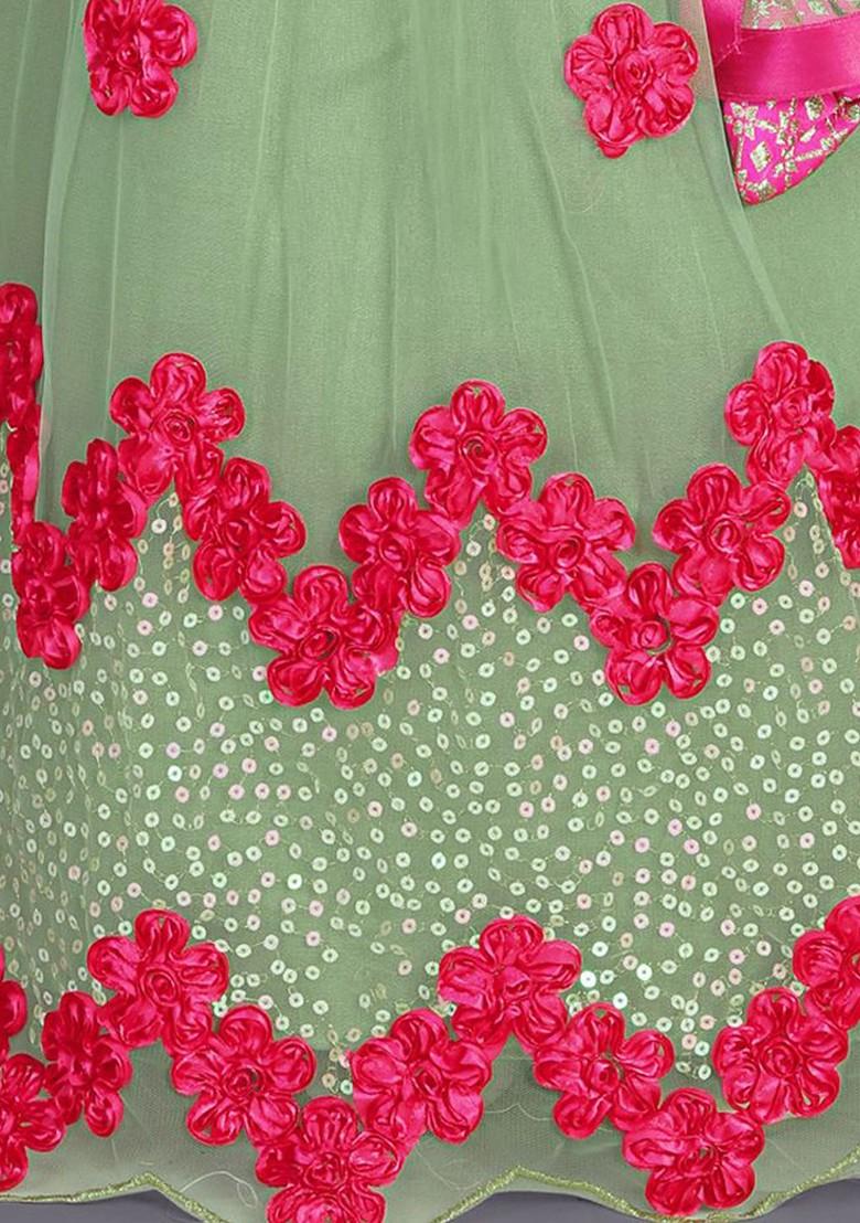 Green Embroidered Blended Lehenga Choli For Girls - Indya