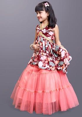 Magenta Printed Blended Lehenga Choli For Girls