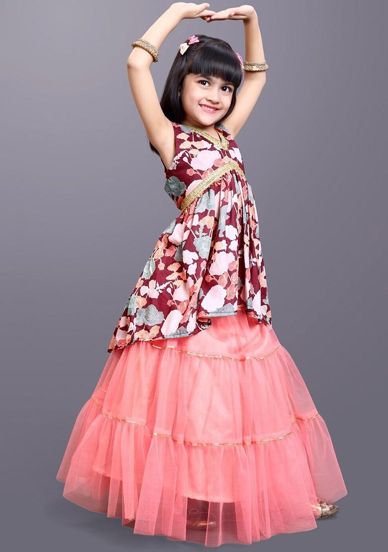 Magenta Printed Blended Lehenga Choli For Girls - Indya