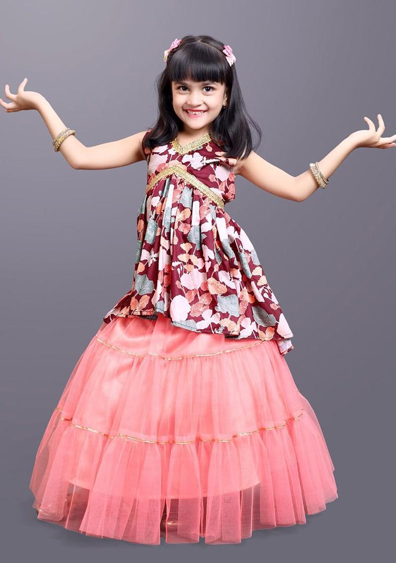 Magenta Printed Blended Lehenga Choli For Girls - Indya