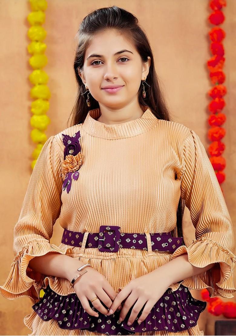 Beige Embroidered Georgette Lehenga Choli For Girls - Indya