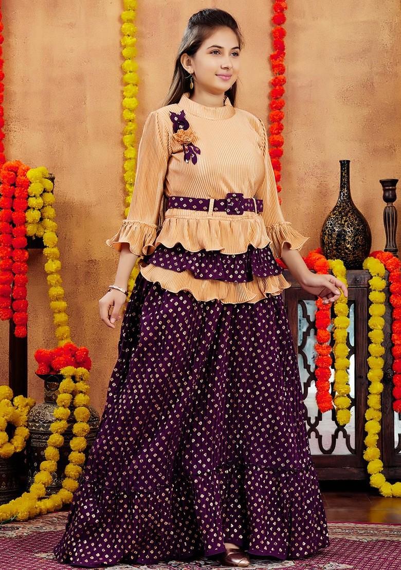 Beige Embroidered Georgette Lehenga Choli For Girls - Indya