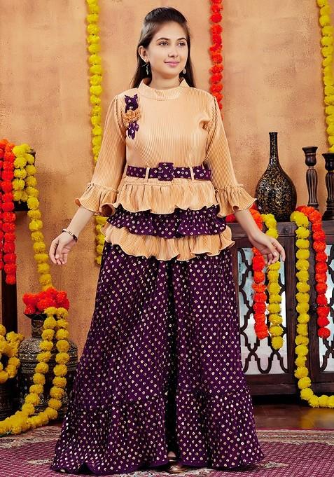 Beige Embroidered Georgette Lehenga Choli For Girls