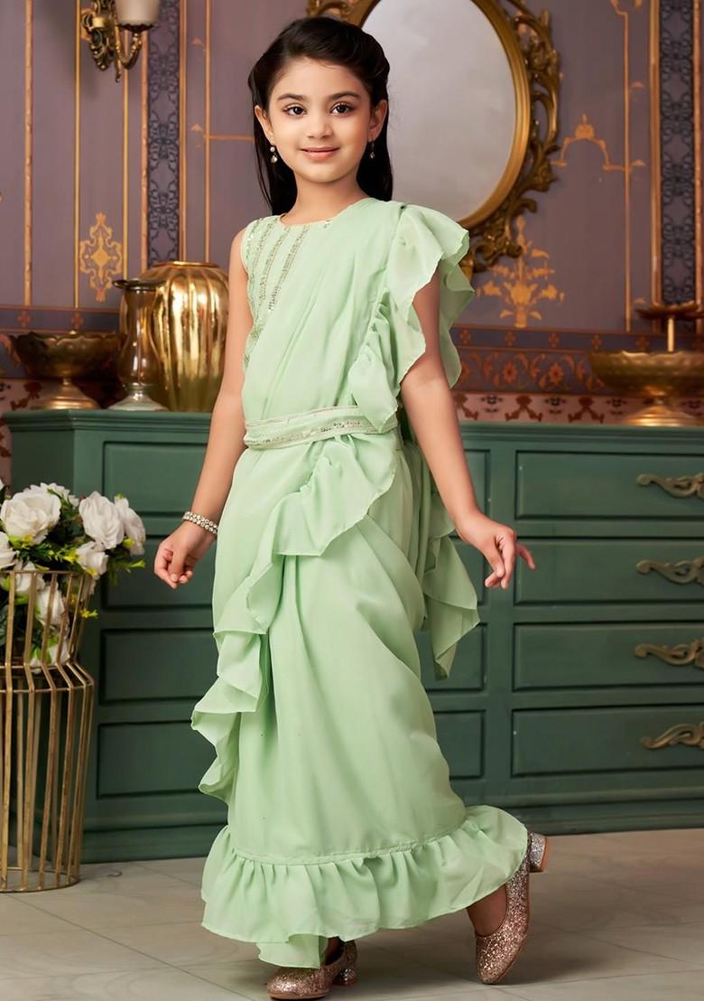 Green Embroidered Georgette Lehenga Choli For Girls - Indya