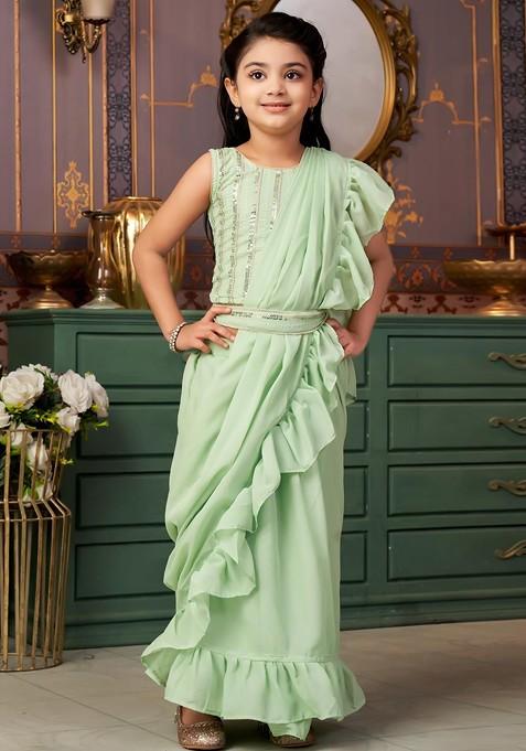 Green Embroidered Georgette Lehenga Choli For Girls — view on Indya