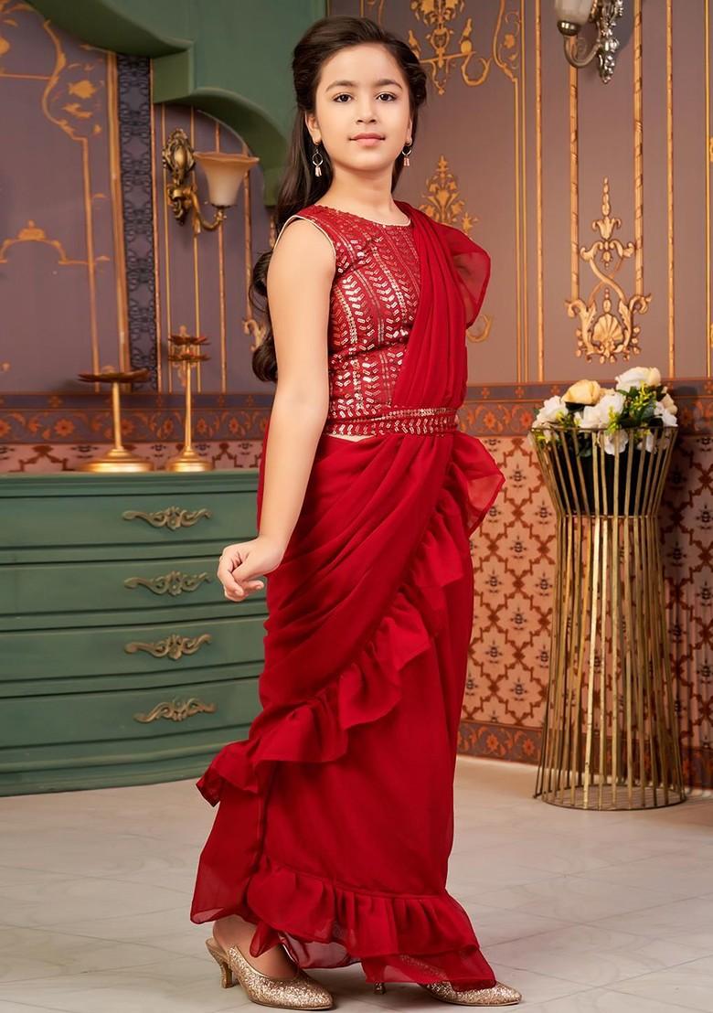 Maroon Embroidered Georgette Lehenga Choli For Girls - Indya