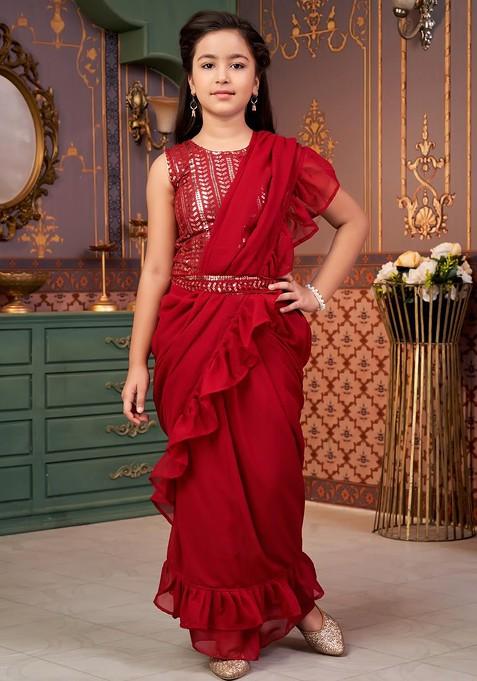 Maroon Embroidered Georgette Lehenga Choli For Girls — view on Indya
