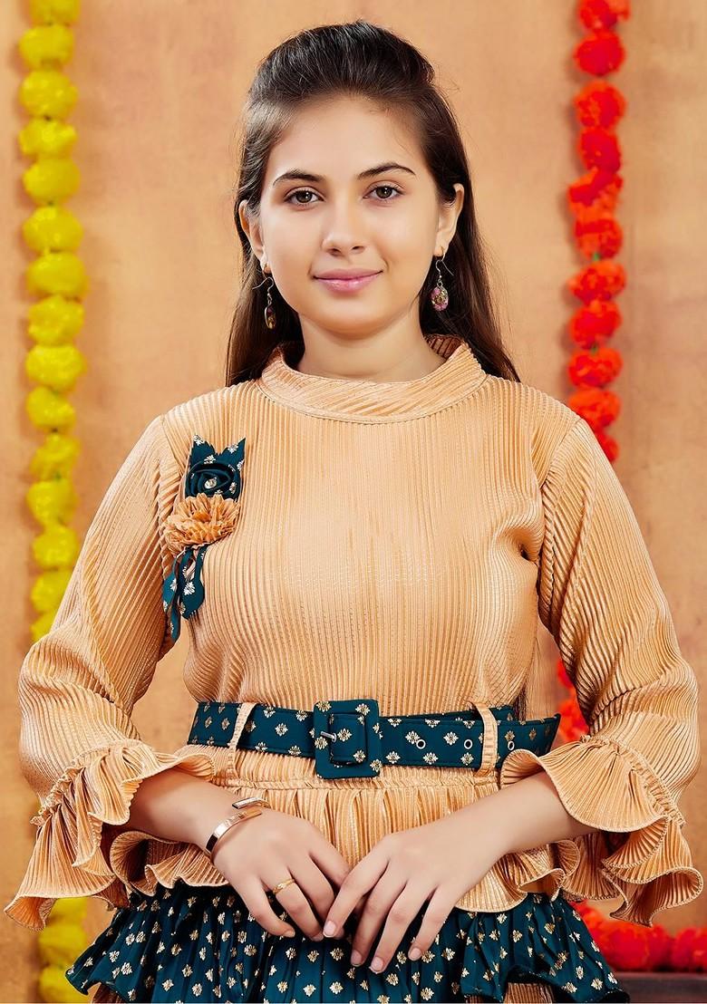 Beige Embroidered Georgette Lehenga Choli For Girls - Indya