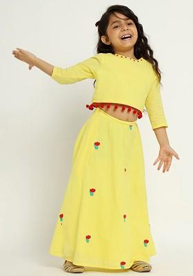 Yellow Embroidered Cotton Blend Lehenga Choli For Girls