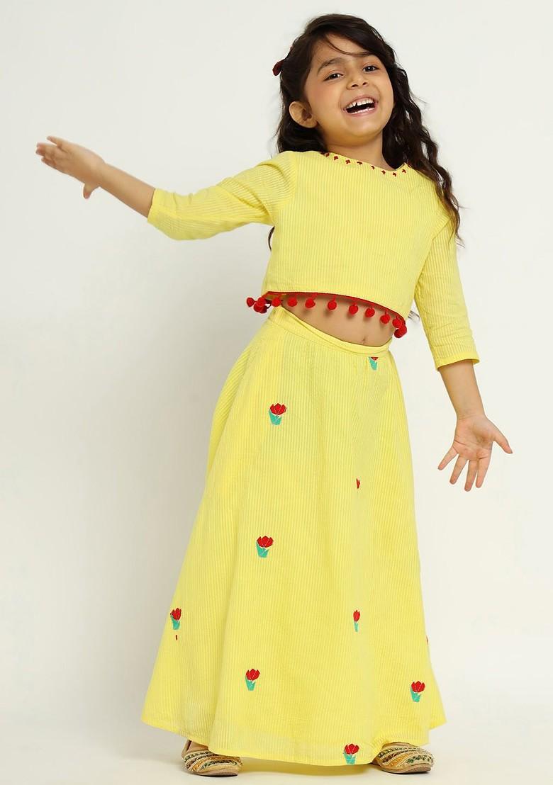 Yellow Embroidered Cotton Blend Lehenga Choli For Girls - Indya