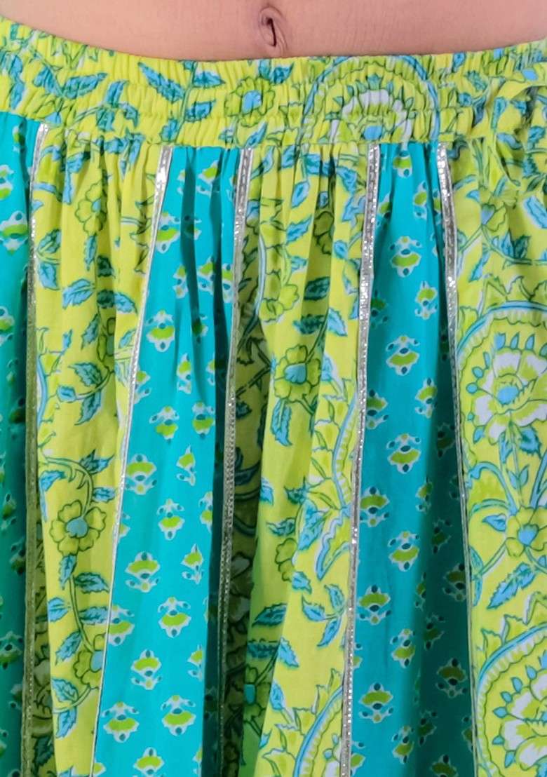 Green Printed Cotton Blend Lehenga Choli For Girls - Indya