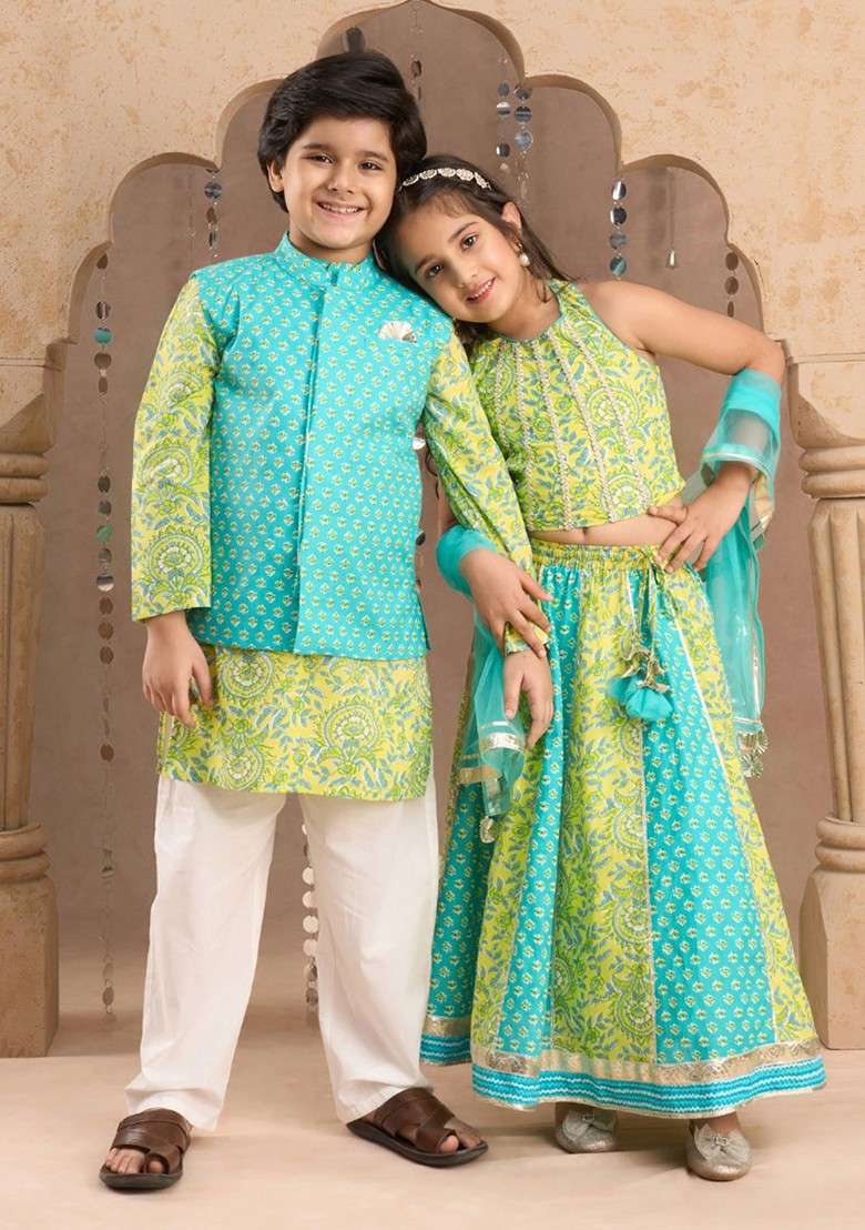 Green Printed Cotton Blend Lehenga Choli For Girls - Indya