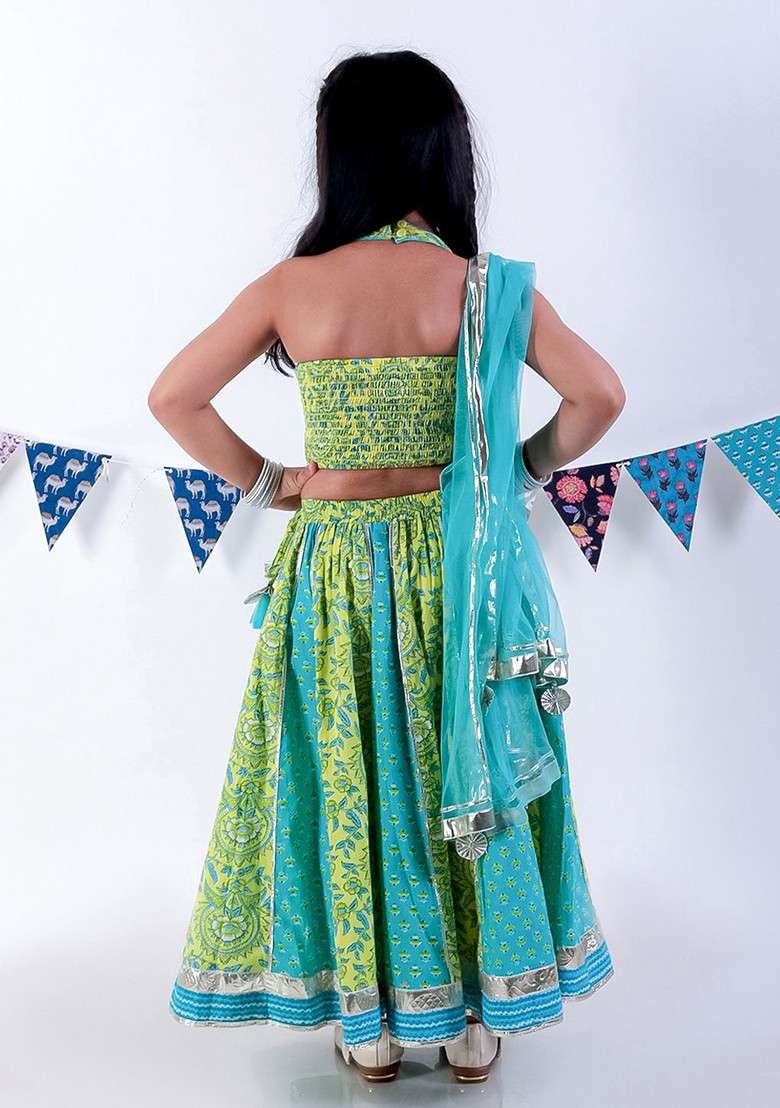 Green Printed Cotton Blend Lehenga Choli For Girls - Indya