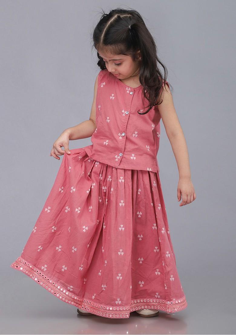 Pink Printed Blended Lehenga Choli For Girls - Indya