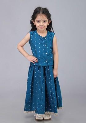 Blue Printed Blended Lehenga Choli For Girls