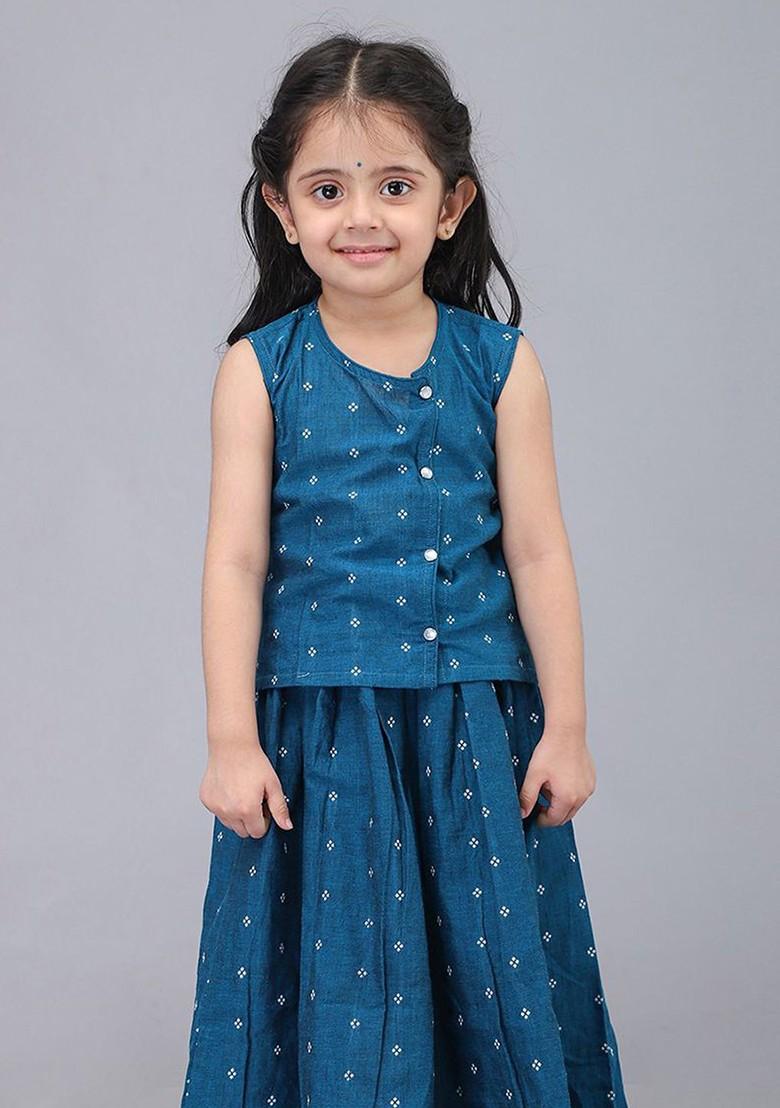 Blue Printed Blended Lehenga Choli For Girls - Indya