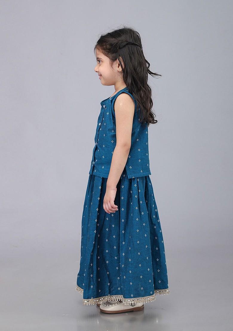 Blue Printed Blended Lehenga Choli For Girls - Indya