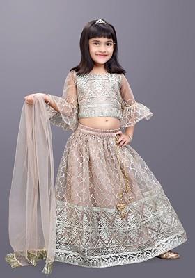Brown Embroidered Blended Lehenga Choli For Girls