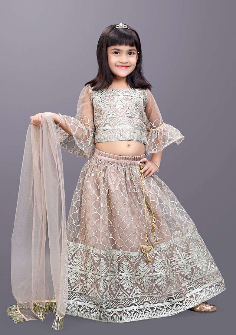 Brown Embroidered Blended Lehenga Choli For Girls - Indya