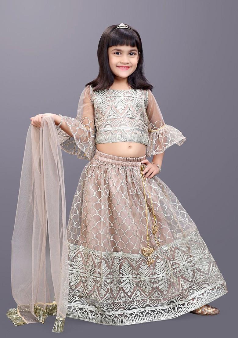 Brown Embroidered Blended Lehenga Choli For Girls - Indya