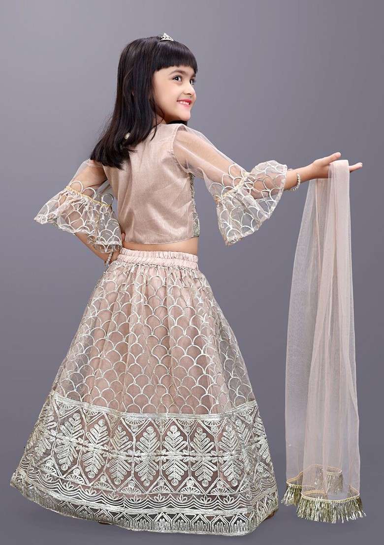 Brown Embroidered Blended Lehenga Choli For Girls - Indya