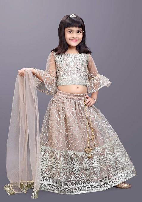 Brown Embroidered Blended Lehenga Choli For Girls — view on Indya