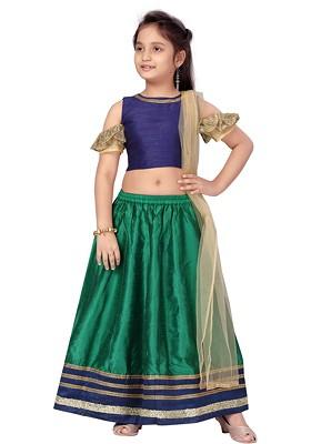 Navy Blue Embroidered Silk Lehenga Choli For Girls