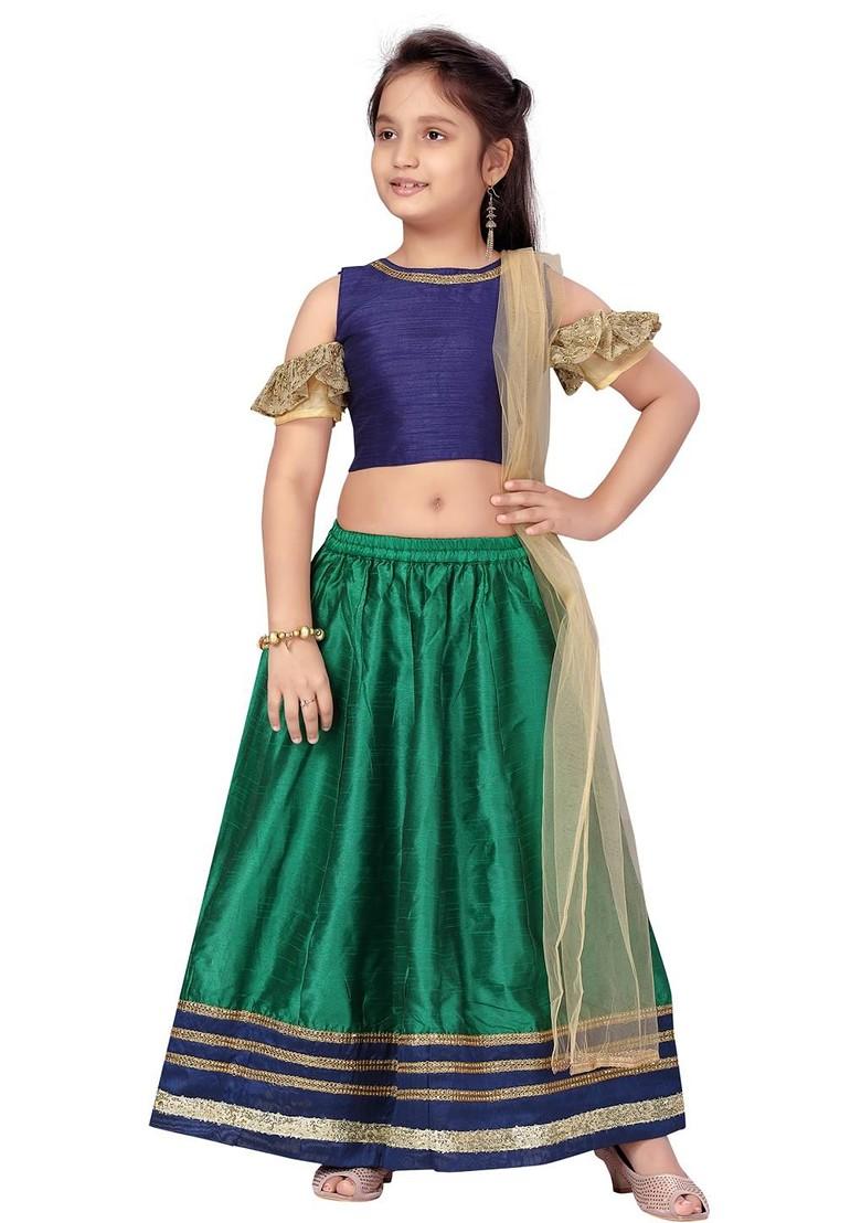 Navy Blue Embroidered Silk Lehenga Choli For Girls - Indya