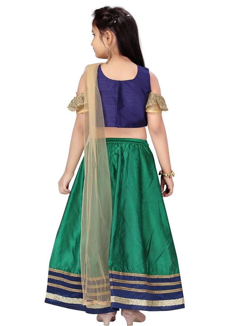 Navy Blue Embroidered Silk Lehenga Choli For Girls - Indya