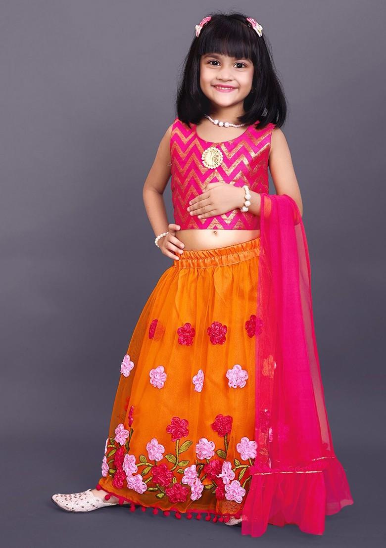 Orange Printed Blended Lehenga Choli For Girls - Indya